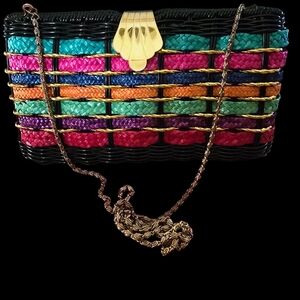 Vintage NWT Black Rainbow Stripe Wicker Handbag